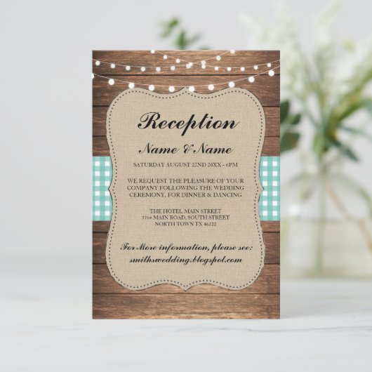 Jute Bruiloftsreceptiekaarten Hout Teal Kaart (Staand voorkant)