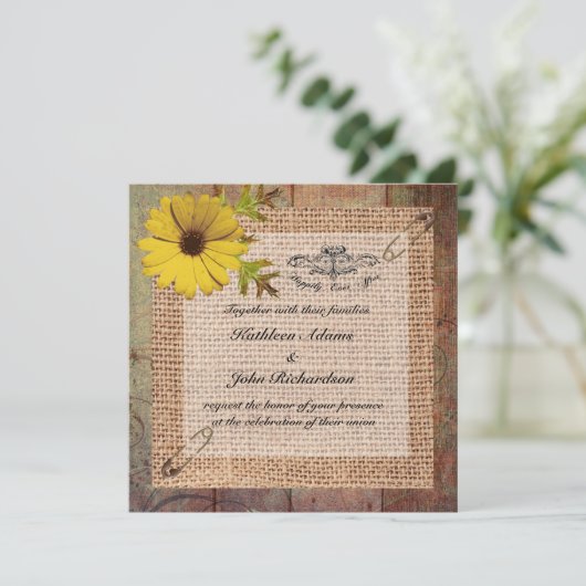 Jute Burlap op Rustic Wood Wedding Kaart (Staand voorkant)
