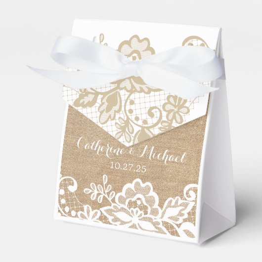 jute en kant rustieke land bruiloft bedankdoosjes (Voorkant Zijde)