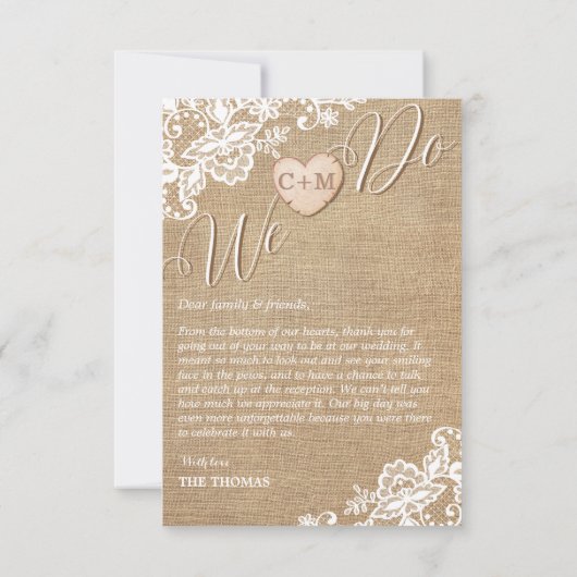 jute en kant rustieke land bruiloft bedankkaart (Achterkant)