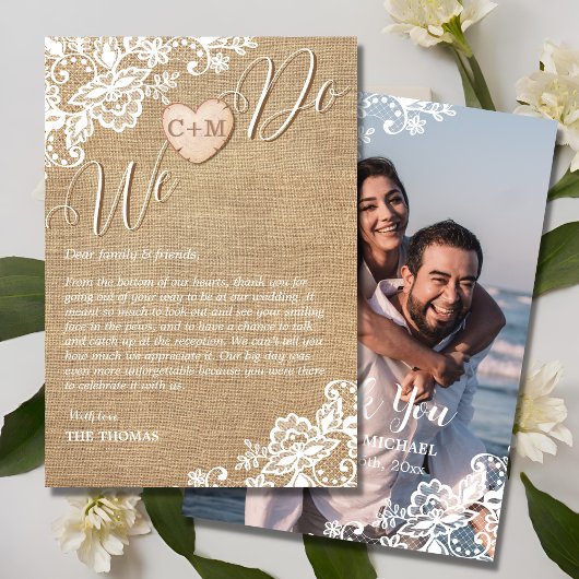 jute en kant rustieke land bruiloft bedankkaart