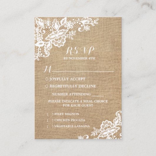 jute en kant rustieke land bruiloft informatiekaartje (Voorkant)