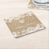 jute en kant rustieke land bruiloft kartonnen onderzetters (Schuin)