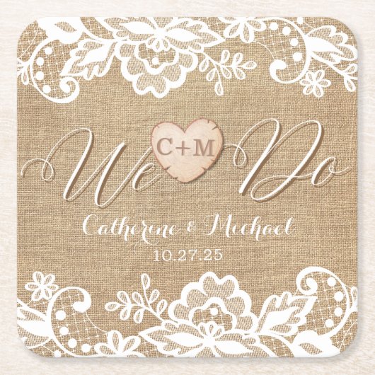 jute en kant rustieke land bruiloft kartonnen onderzetters (Voorkant)