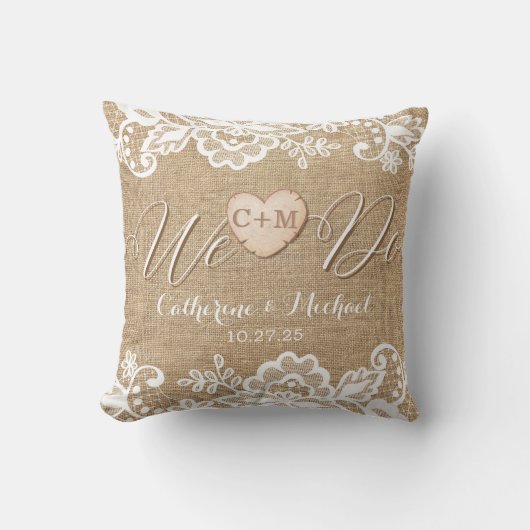 jute en kant rustieke land bruiloft kussen (Voorkant)