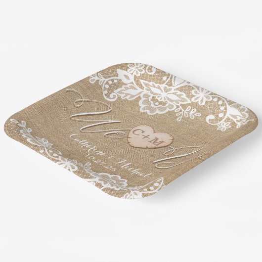 jute en kant rustieke land bruiloft papieren bordje (Gebogen)