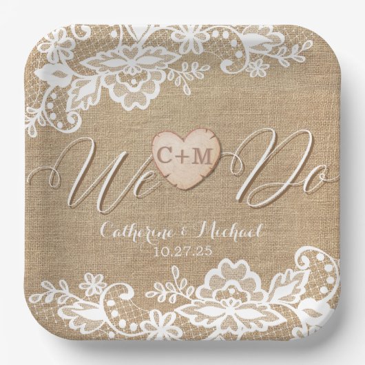 jute en kant rustieke land bruiloft papieren bordje (Voorkant)