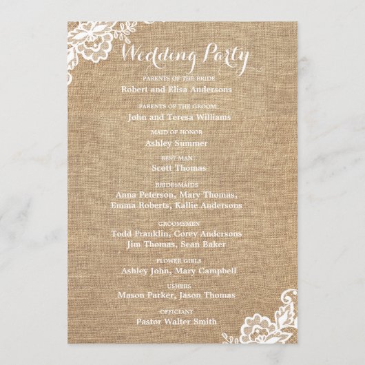 jute en kant rustieke land bruiloft programmakaart (Achterkant)