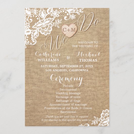 jute en kant rustieke land bruiloft programmakaart (Voorkant)