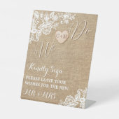 jute en kant rustieke land bruiloft reclamebord met voetstuk (Voorkant)