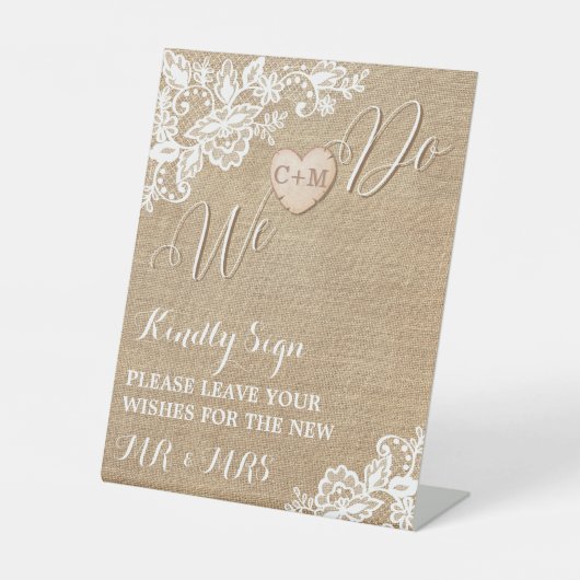 jute en kant rustieke land bruiloft reclamebord met voetstuk (Voorkant)