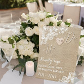 jute en kant rustieke land bruiloft reclamebord met voetstuk