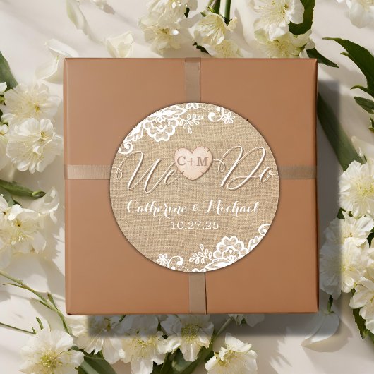 jute en kant rustieke land bruiloft ronde sticker