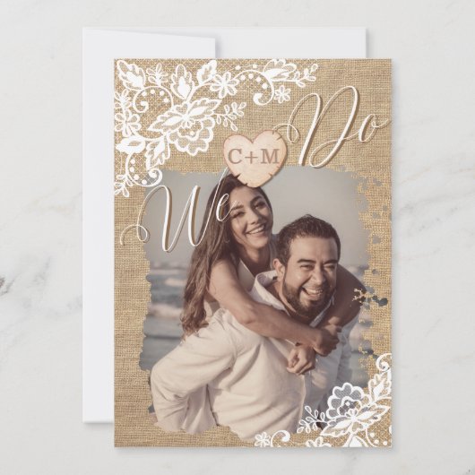 jute en kant rustieke land bruiloft save the date (Achterkant)