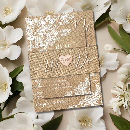 jute en kant rustieke land bruiloft uitnodigingen wikkel