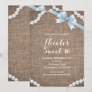 Jute en parels blauwe strik glamour sweet 16 feest kaart