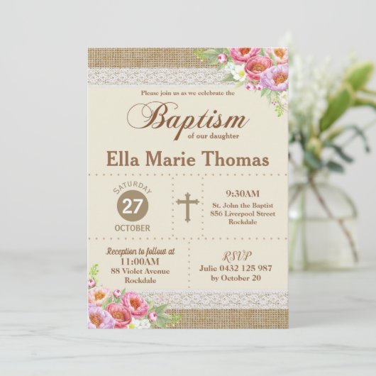 Jute Kant Bloem Doop Dopen Rustieke Meisje Kaart (Staand voorkant)