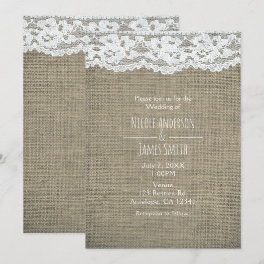 Jute & Kant Eenvoudige Rustieke Trouwuitnodigingen Kaart (Voorkant / Achterkant)