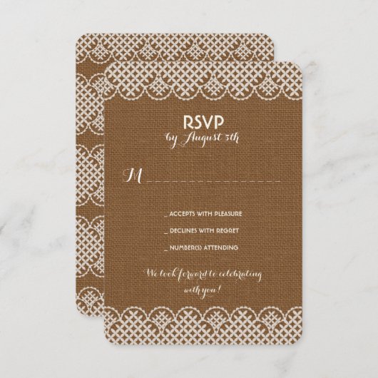 Jute kant rustieke trouw-RSVP-kaarten Kaart (Voorkant / Achterkant)