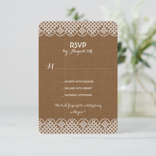 Jute kant rustieke trouw-RSVP-kaarten Kaart (Staand voorkant)