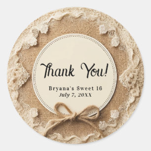 Jute Kant & Touw Boog Landelijke Sweet 16 Verjaard Ronde Sticker