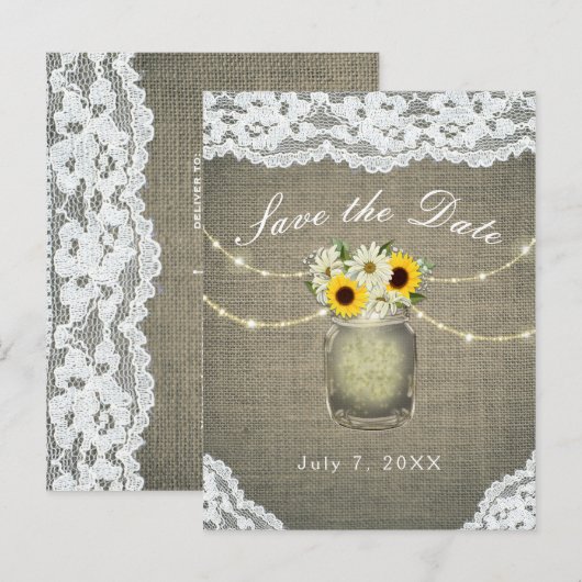 Jute Kant Zonnebloemen Madeliefjes Mason Bewaar de Aankondigingskaart (Voorkant / Achterkant)