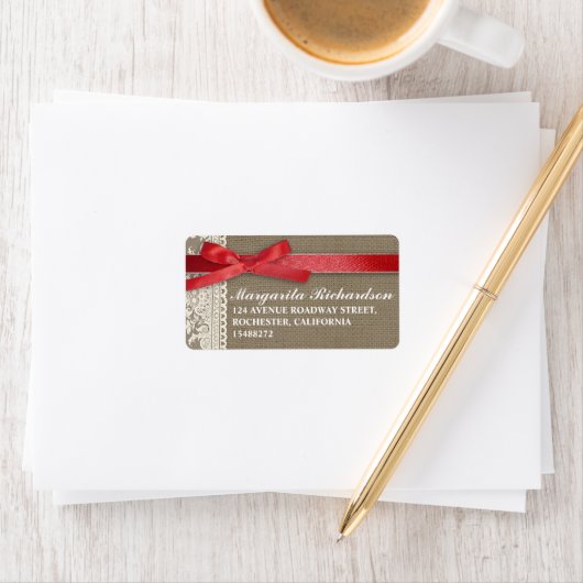 jute ontwerp wit kant rood boog adres label (Insitu)