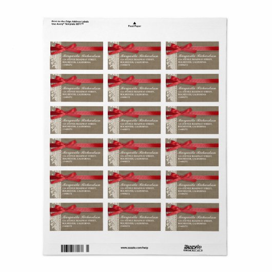 jute ontwerp wit kant rood boog adres label (Full Sheet)