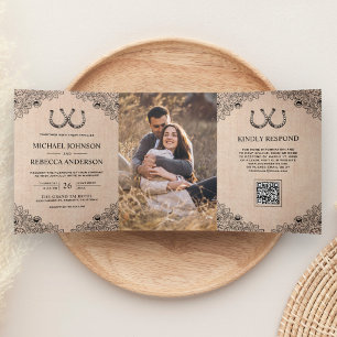 Jute Paardenhoef Kant Foto QR Code Bruiloft Drieluik Uitnodiging