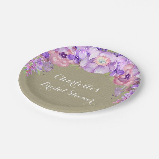 Jute Paars Sering Bloemige Bruiloftsbord Papieren Bordje (Gekanteld)