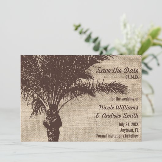 Jute Palmboom Bruine Save the Date Aankondiging (Staand voorkant)