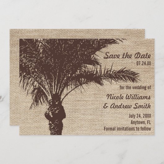 Jute Palmboom Bruine Save the Date Aankondiging (Voorkant / Achterkant)
