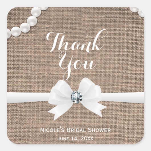 Jute & Parels Rustic Glamour Bruiloft Favor Vierkante Sticker (Voorkant)