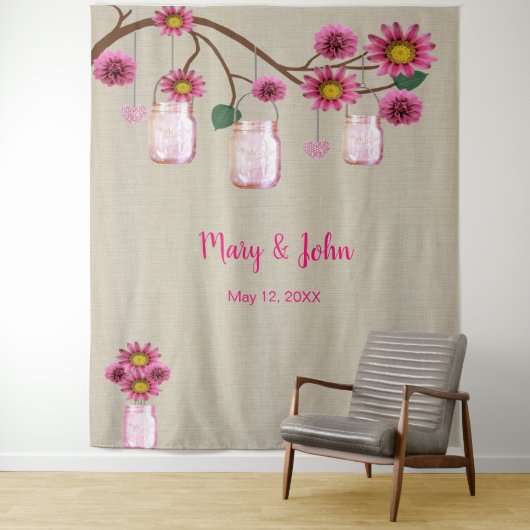 Jute roze bloemen Mason potten foto achtergronddoe Wandkleed (In situ)