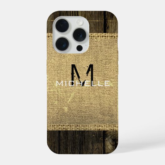 Jute Rustieke Vintage Houten Uiterlijk Initiaal iPhone Hoesje (Achterkant)