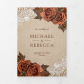 Jute Stof Stoere Terracotta Roos QR Code Bruiloft Drieluik Uitnodiging (Cover)