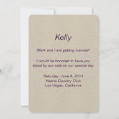 Jute stoffen paarse bruidsmeisjeskaart met jampot kaart (Achterkant)