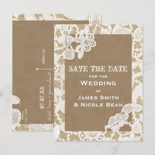 Jute & Witte Bloemslinger Kant Boerse Rustieke Sav Aankondigingskaart (Voorkant / Achterkant)