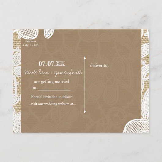 Jute & Witte Bloemslinger Kant Boerse Rustieke Sav Aankondigingskaart (Achterkant)