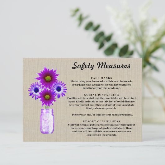 Jute zak met paarse bloemen in een weckpot veiligh informatiekaartje (Staand voorkant)