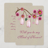 Jute zak rustiek roze metseljampot bruidsmeisje ka kaart (Voorkant / Achterkant)