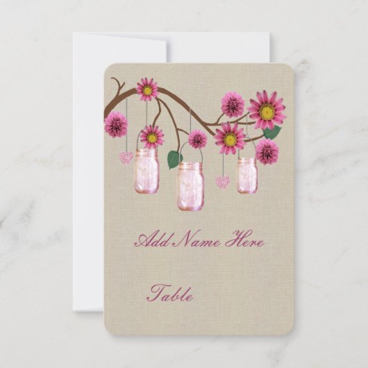 Jute zakelijke roze metseljars tafel plaatskaart (Voorkant)