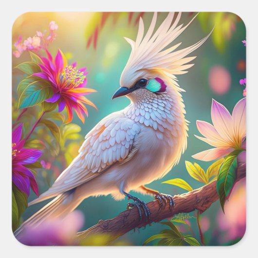 Juveniele Crested Blush Feather Dove Fantasy Bird Vierkante Sticker (Voorkant)