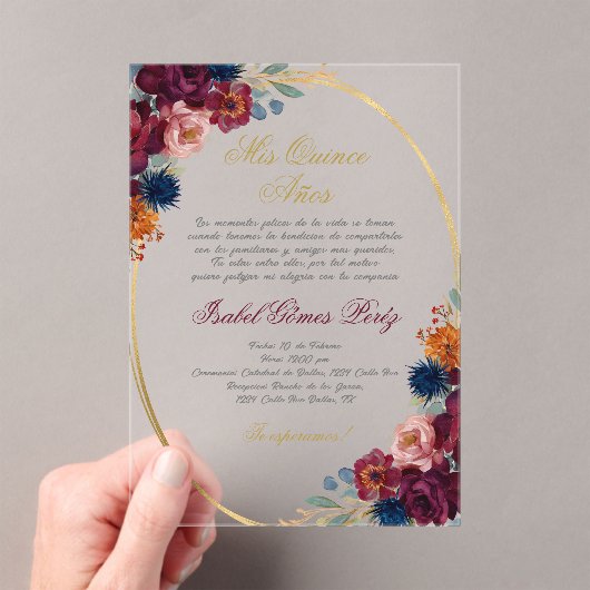 Juweelbloem Spaans Quinceañera Acryl Uitnodigingen (Insitu (Draagbaar))