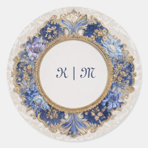 Juweeltoon Blauwe Damast Gouden Barok Bruiloft Ronde Sticker
