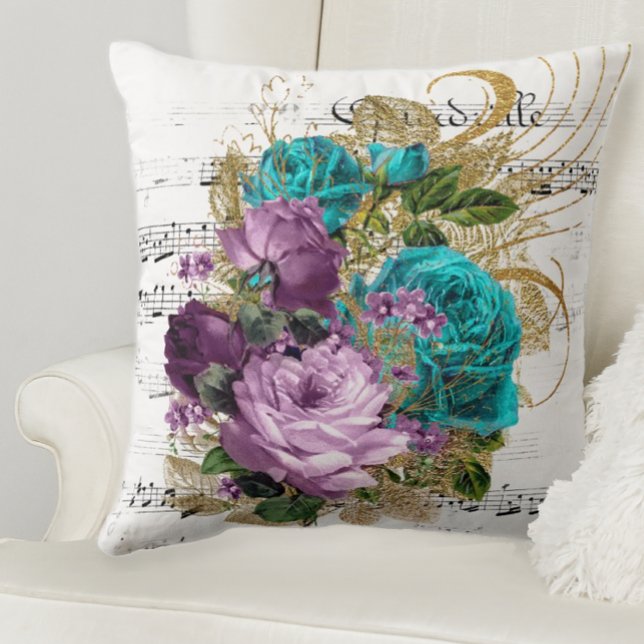 Juweeltoonrozen Kussen (Purple and teal floral throw pillow)