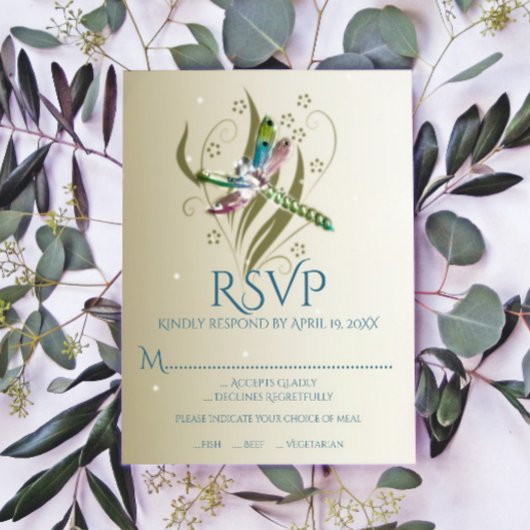 Juwelde Dragonfly Wedding RSVP Kaart