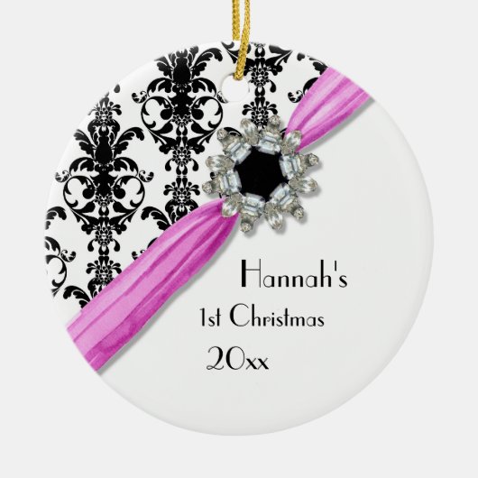  juwelen Buckle Black White Damask Ribbon Keramisch Ornament (Voorkant)