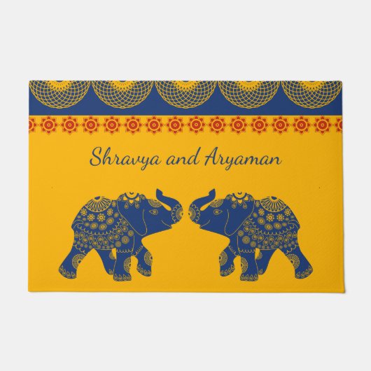 Juwelen Elephants, Golde and Blue Personalized Deurmat (Voorkant)