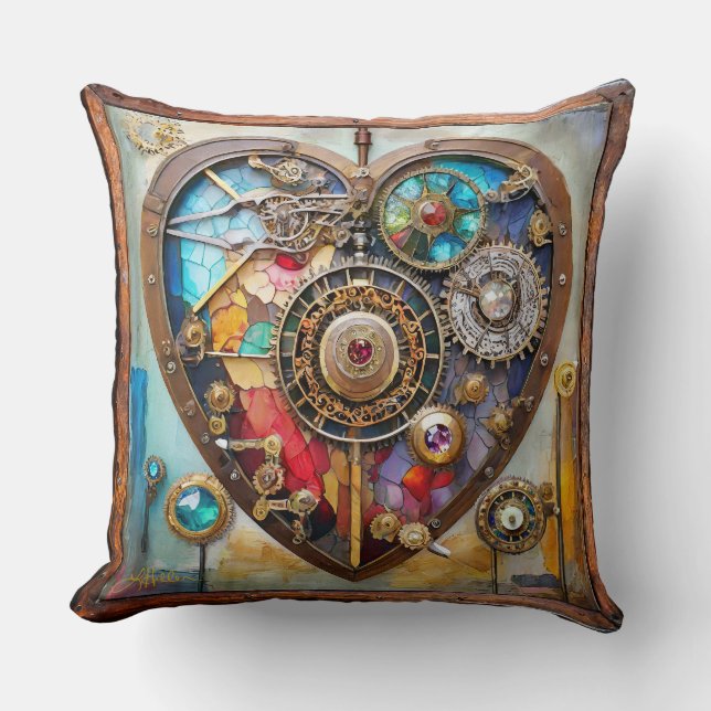 Juwelen En Gebrandschilderd Hart Steampunk Serie Kussen (Voorkant)
